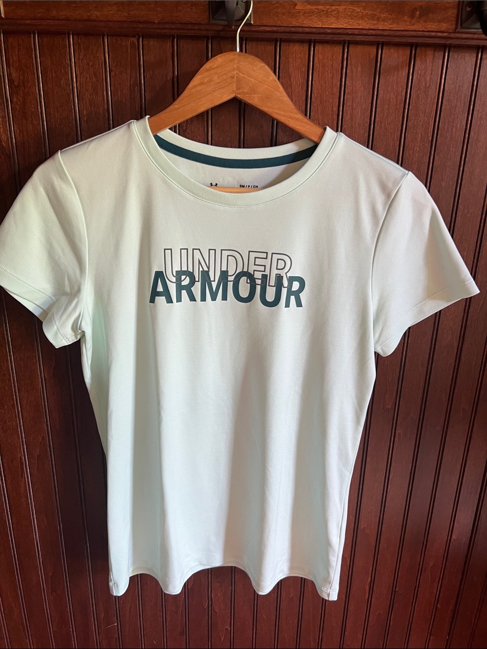 Under Armour Mint Green Performance Tee with Teal Logo Size Small